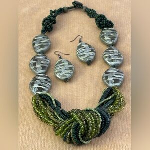 Green Beaded Necklace and Earring Set